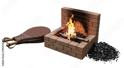 Illustration of a blacksmith's forge with fire, tools, and materials