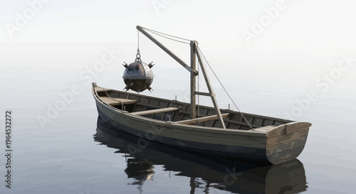 A wooden boat on water, hoisting an explosive mine with a crane. Sky background