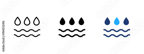 Three water drops icon above ripple wave. Moisture, wetness and hydration symbol. Liquid flow and splash sign. Fluid and damp concept representing water, freshness and wet surfaces.