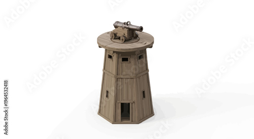 A wooden fort tower with a cannon on top, featuring a door, windows, and angled walls