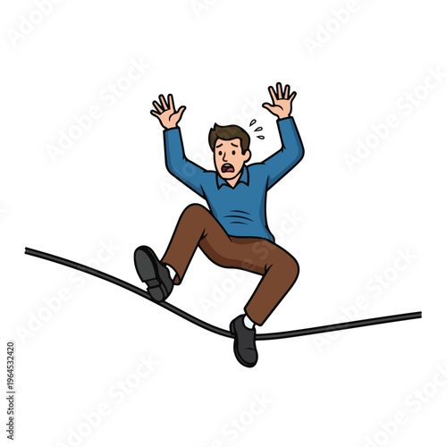 Man losing balance on thin line in cartoon style