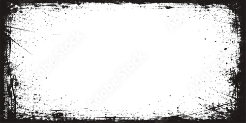 Black and white abstract grunge border frame with ink splatters, distressed edges, rough texture, scratched elements, and paint stains on Transparent background for vintage dirty design and overlays.