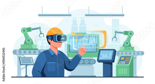 Augmented Reality Engineer in Smart Factory with Robotic Arms, Monitoring Production and Operations