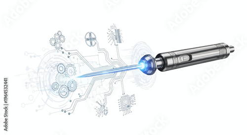 Futuristic stylus emitting blue light with circuit board and gear element designs
