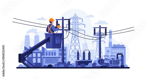 Lineman Working on Power Lines: Electricity Grid Maintenance & Industrial Energy Infrastructure
