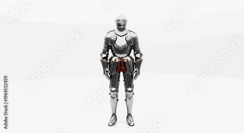A full suit of polished metal armor, standing upright on a white background