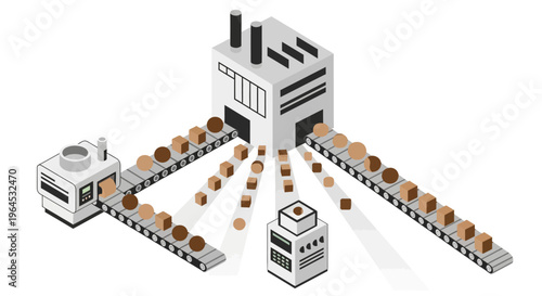 Isometric Factory Production Line: Automated Manufacturing Process with Conveyor Belts & Machines