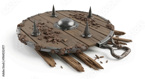 A broken, wooden shield with spikes, metal rim, and handle, with wooden debris