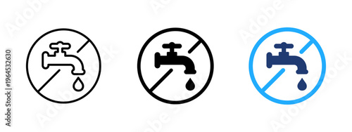 No water sign icon with tap and cross line. Absence of water and dry symbol. Liquid shortage and empty droplet sign. Faucet and water flow concept representing lack of water access.