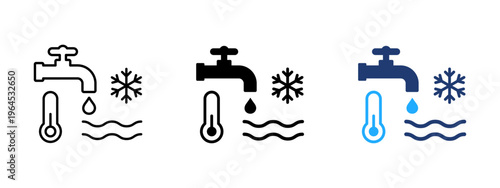 Cold water icon. Low temperature and icy water symbol. Freeze, chill and droplet sign. Hydration and refresh concept representing cold and frozen liquid.