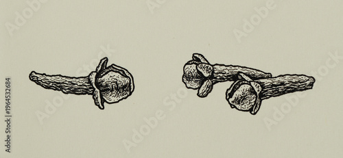 Hand-drawn black liner illustration of three dried cloves spices on textured paper. Horizontal composition, beautiful clean lines, detailed realistic sketch, botanical drawing and copy space for text.