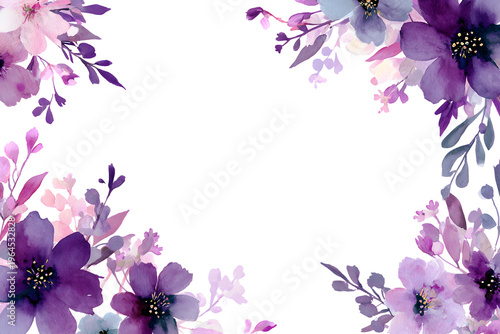 Floral watercolor frame with purple and pink flowers and green leaves, delicate floral arrangement for invitation or greeting card, isolated on transparent background, elegant botanical art