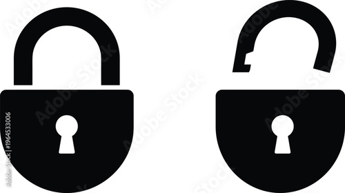 Black padlock icons closed open security access symbol illustration, privacy protection concept, locked unlocked state vector design isolated white background
