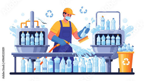 Water Bottling Factory: A worker meticulously cleans water bottles on an industrial production line, symbolizing the intersection of labor and environmental responsibility.