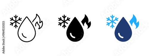 Hot and cold water temperature icon. High and low temperature water symbol. Boiling, freezing, warm and cool droplet signs. Liquid and hydration concept representing hot and cold water.