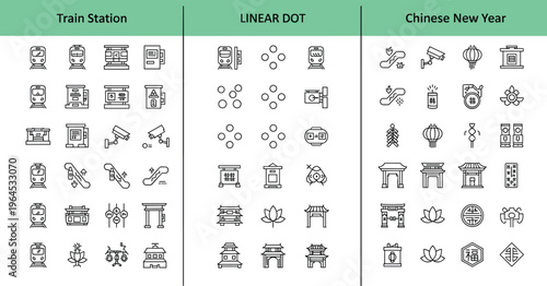 Train station chinese new year and architecture linear dot icons set with transport festival and building symbols vector illustration isolated on white background