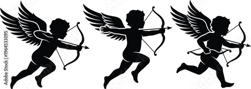 Cupid silhouette set with bow and arrow, winged angel characters in different poses, romantic love symbol illustration, Valentine design element isolated