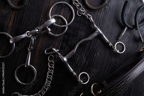  various bits  with mouthbridle on black wooden  background. horse training conceptual flat lay studio shot
