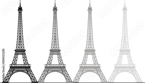 Eiffel Tower silhouette set in gradient black and grey colors, Paris landmark icons for travel posters, French architectural monuments for tourism design