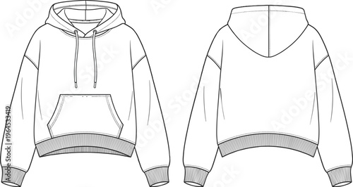Hoodie sweatshirt front and back view vector template, casual apparel mockup, blank hooded jacket design, streetwear clothing outline, fashion technical drawing illustration