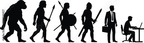 Human evolution silhouette illustration, ape ancestor to spear warrior, armored fighter, modern businessman with briefcase, office worker using laptop technology progression