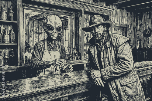 Vector artwork of a grey alien bartender and a tough cowboy at a rustic wooden saloon counter. Sci-fi meets wild west vintage concept.