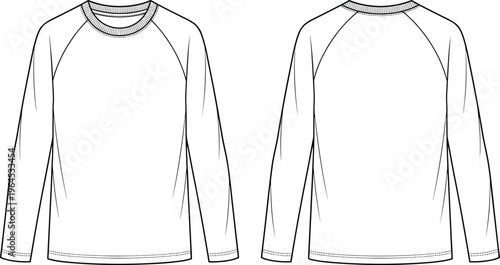 Long sleeve raglan shirt flat sketch front back view, fashion apparel design illustration, technical garment drawing with crew neckline ribbed hem cuffs