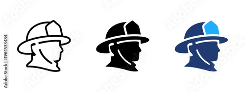 Fireman firefighter icon with helmet. Rescue and safety symbol. Emergency alert and hazard sign. Protection and fire service concept representing fireman head and firefighting awareness.