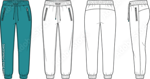 Jogger pants flat sketch, teal front view, elastic waistband drawstring, zippered side pockets, elastic cuffs, fashion apparel technical drawing garment illustration