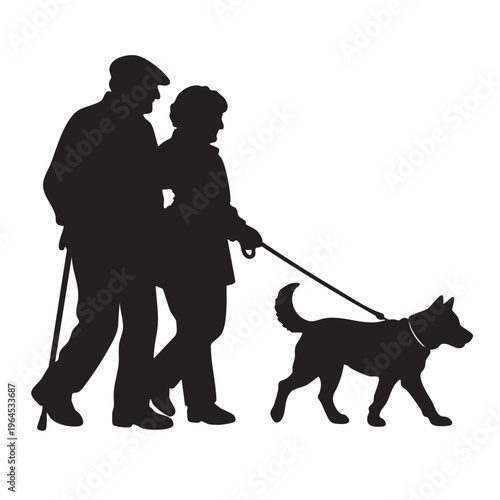 Senior couple walking their dog silhouette for active retirement and pet care concept.