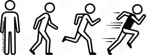  Stick figure silhouettes showing progressive stages of running motion, human acceleration transition from standing still to full speed dynamic illustration