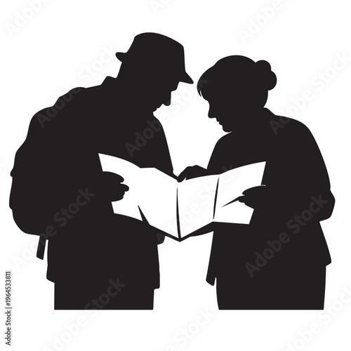 Senior couple looking at map silhouette for travel adventure and retirement goals.