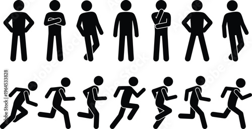Stick figure silhouettes showing standing poses and running motion sequence, simplified human posture and movement illustration for animation and design
