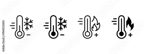 Hot and cold temperature thermometer icon set. High and low heat symbol. Freeze, flame, chill and frost signs. Thermal and temperature concept representing hot and cold monitoring.