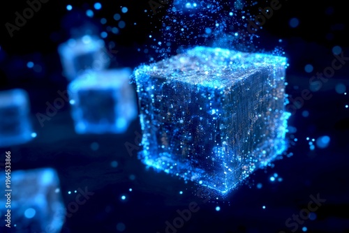 A captivating blue digital cube floats in space. It glows with sparkling particles and light. This image represents technology and innovation. Ideal for futuristic themes. AI