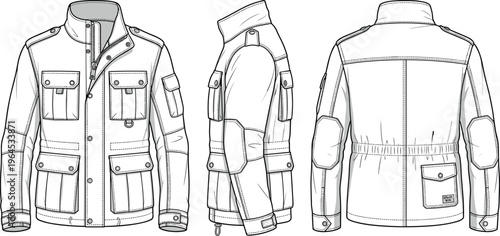 Technical fashion jacket illustration front side back view design, multiple pockets high collar epaulets adjustable cuffs garment construction vector drawing