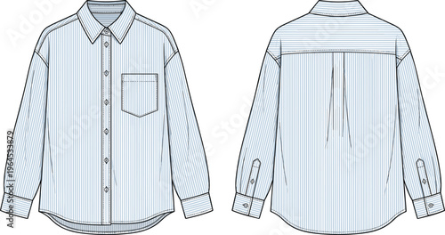 Technical fashion sketch of a light blue striped oversized button down shirt showing front and back views with pocket and collar