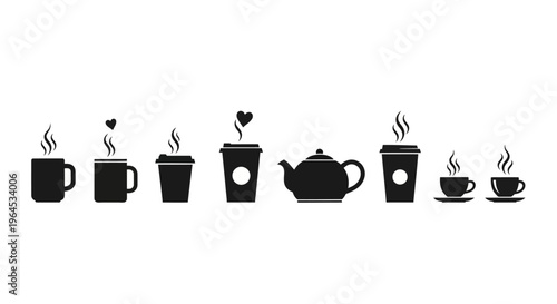 Set of various hot beverage icons, black silhouettes of coffee mugs, takeaway cups, a teapot, and small cups with steam isolated on white