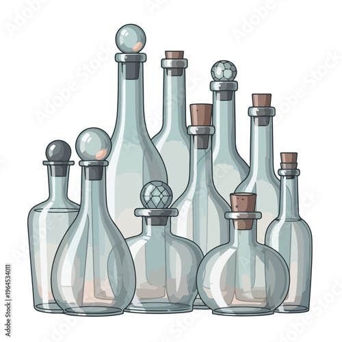 Collection of empty glass bottles with corks and stoppers on white background