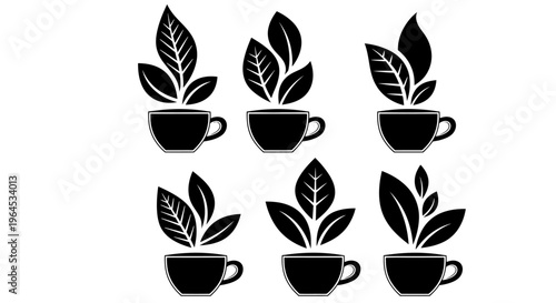 Black silhouette icons of coffee cups overflowing with fresh green tea leaves, vector illustration
