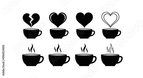 Set of coffee cups and hearts, black silhouettes of hot beverages with steam and heart symbols, including a broken heart isolated on white