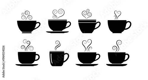 Set of coffee cups, black silhouettes of hot beverages with swirling steam, espresso and cappuccino designs isolated on white background