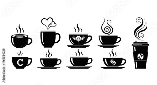 Set of coffee cups, black silhouettes of hot beverages, espresso, cappuccino, latte, steaming drinks, coffee shop icons isolated on white