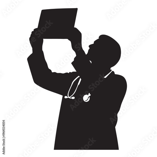 Doctor looking at X-ray film or medical chart silhouette for diagnosis and surgery plan.