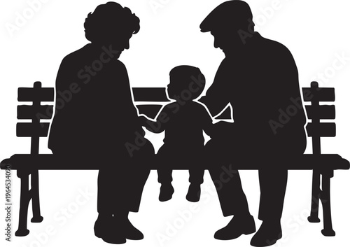 Silhouette of grandparents and grandchild on a bench, symbolizing family love, connection, and cherished moments