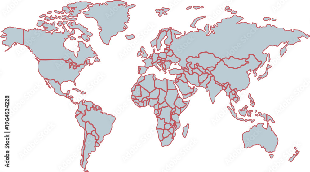 Obraz premium World Map with Blue Countries and Red Country Borders