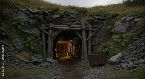 Entrance to a Dark Mine Shaft with Wooden Support Beams.
