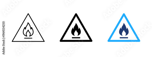 Flammable hazard triangle sign icon. Fire and danger warning symbol. Burn, alert and risk sign. Safety and caution concept representing flammable material and fire hazard.