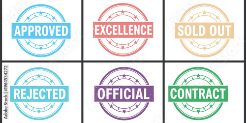 Colorful Rubber Stamp Icons set Approved, Excellence, Sold Out, Rejected, Official, Contract