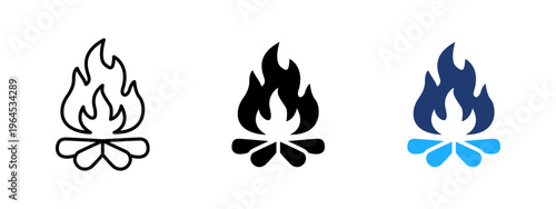 Outdoor campfire icon. Burning flame and wood fire symbol. Blaze, heat and smoke sign. Camping and nature hearth concept representing warm outdoor campfire and fire.
